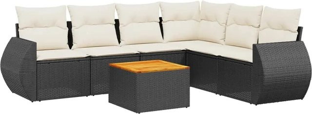 vidaXL 7-teilige Garten-Sofagarnitur in L-Form aus Poly-Rattan und Akazienholz mit Kissen in Schwarz-Creme - Bild 1