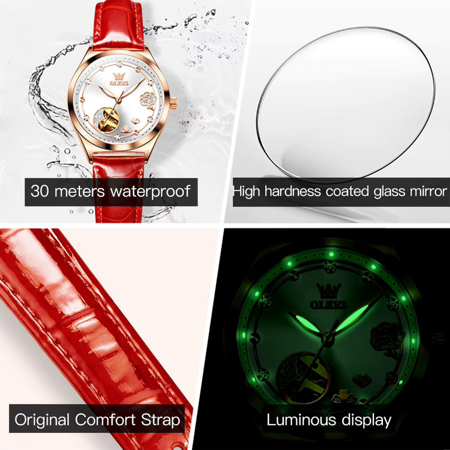 OLEVS Armbanduhr Automatik, Roségold, Diamant, Leder, Damen - Bild 4