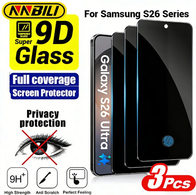 NNBILI 3-teiliges Panzerglas-Set für Samsung Galaxy S26 Ultra und S26-Serie mit Fingerabdruck-Entsperrung und Datenschutzschutz - Bild 1