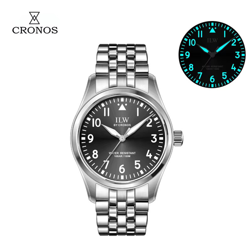 Cronos Pilot Flieger Herrenuhr, Quarz, Edelstahl, 39 mm, Saphirglas - Bild 5
