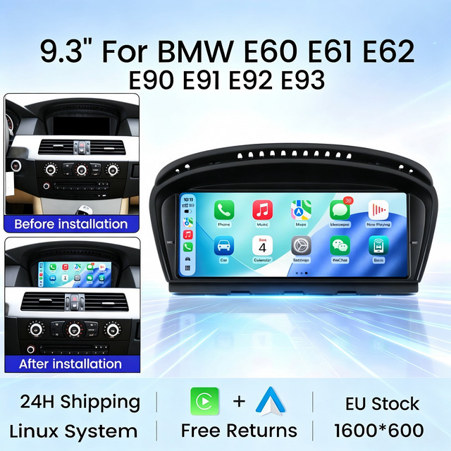 MEKEDE Android Autoradio mit 9,3 Zoll Linux-Bildschirm, Wireless CarPlay und Android Auto, WIFI und GPS-Navigation, Schwarz, passend für BMW E60 E61 E62 E63 E90 E91 E92 E93 - Bild 1