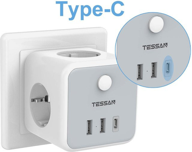 TESSAN Reise-USB-Steckdosenadapter in Grau mit 3 AC-Steckdosen, 1 USB-C-Anschluss und 2 USB-A-Anschlüssen sowie Netzschalter - Bild 1