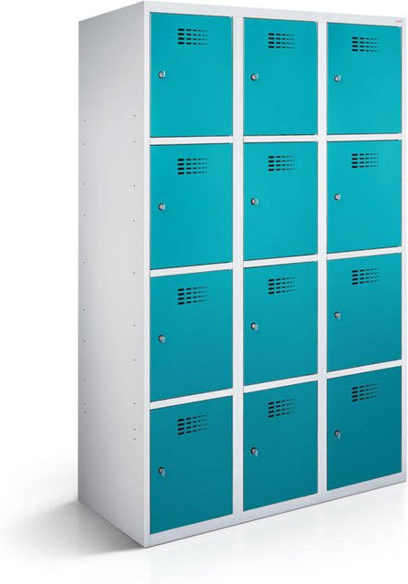 rotstahl Fächerschrank mit 12 Fächern (3x4) in Türkis und lichtgrauem Korpus, B/T/H: 90 x 50 x 180 cm - Bild 1
