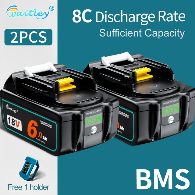 2er-Pack Waitley Li-Ion Akku Ersatz für Makita 18V Werkzeuge, BL1860 BL1850 Ersatzakkus, Schwarz - Bild 1