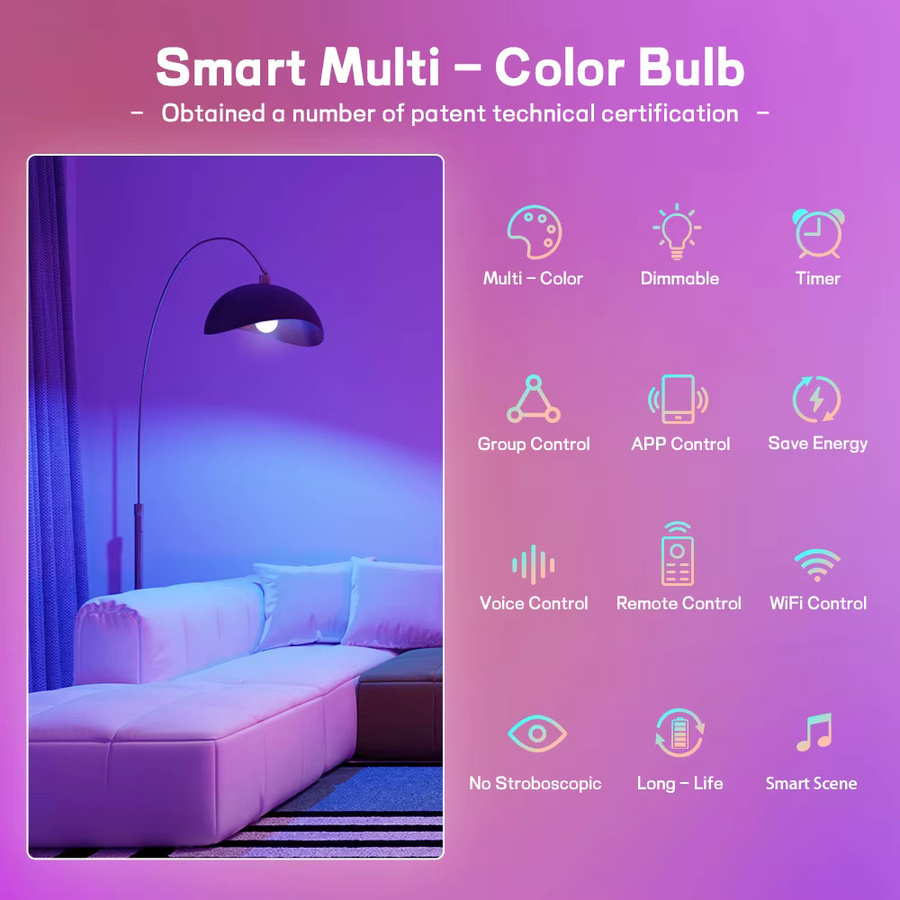 RGB Smart Home LED-Glühbirne E27 mit Musiksynchronisierung, WLAN und BLE 5.0, dimmbar und farbwechselnd - Bild 2