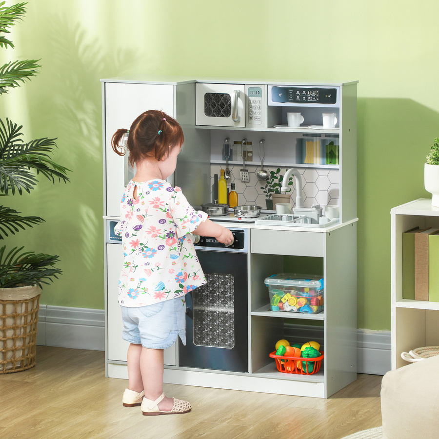 AIYAPLAY Kinderküche Spielküche mit Licht und Sound, Kochherd, fließendes Wasser, Kaffeemaschine, Kühlschrank und Mikrowelle, Weiß, B/H/T: 29,7 x 100,9 x 80 cm - Bild 2
