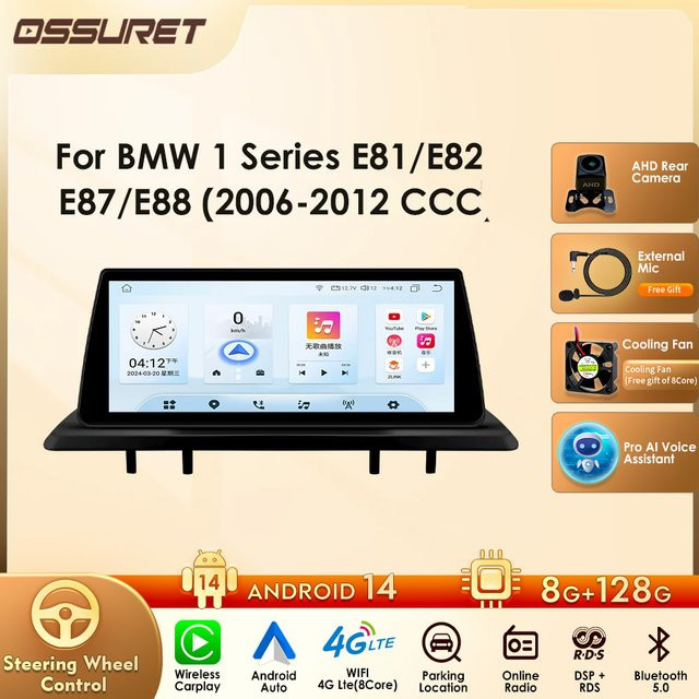 OSSURET 2DIN Android Autoradio mit drahtlosem CarPlay und Bluetooth für BMW 1er E81 E82 E87 E88 (2006-2012) mit CCC iDrive Unterstützung in Schwarz - Bild 1