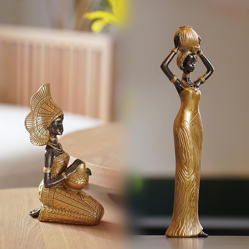 Yiran Furniture Afrikanische Schwarze Ornamente im Ethno-Stil aus Kunstharz für Wohnzimmer und Eingangsbereich, Farben: Schwarzweiß, Golden, Braun - Bild 1