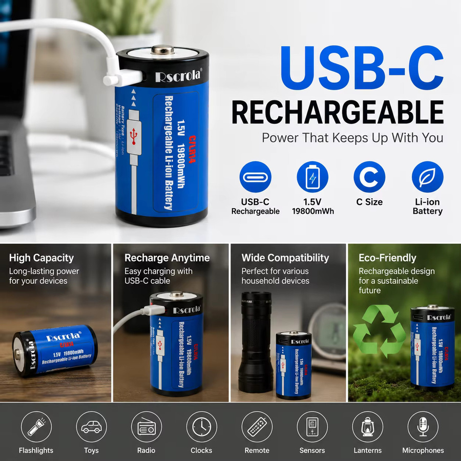 Rscrola Wiederaufladbare Li-Ionen-Batterie Größe C LR14 mit USB-C Ladeanschluss, Blau - Bild 2
