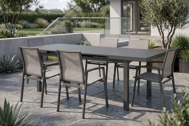 Stern New Top Garten-Essgruppe in Anthrazit mit Ausziehtisch und 6 Stapelsesseln aus Aluminium, Glas und Textilene - Bild 1