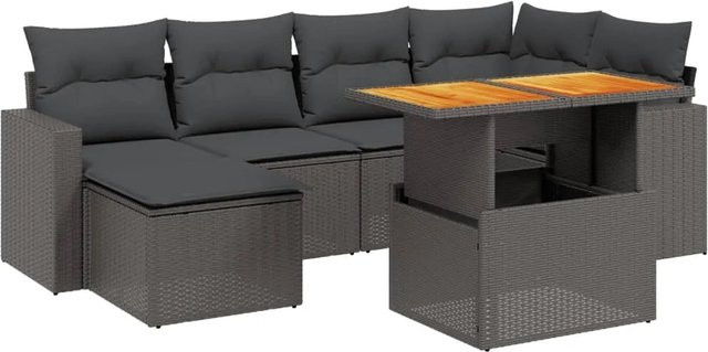vidaXL 7-tlg. Garten-Sofagarnitur in L-Form aus Poly-Rattan und Akazienholz in Schwarz mit Kissen - Bild 1