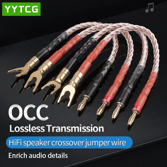 YYTCG 4er-Set HIFI Lautsprecher-Verbindungskabel 7N OCC mit Bananensteckern auf Y-Flachstecker in Gelb - Bild 1