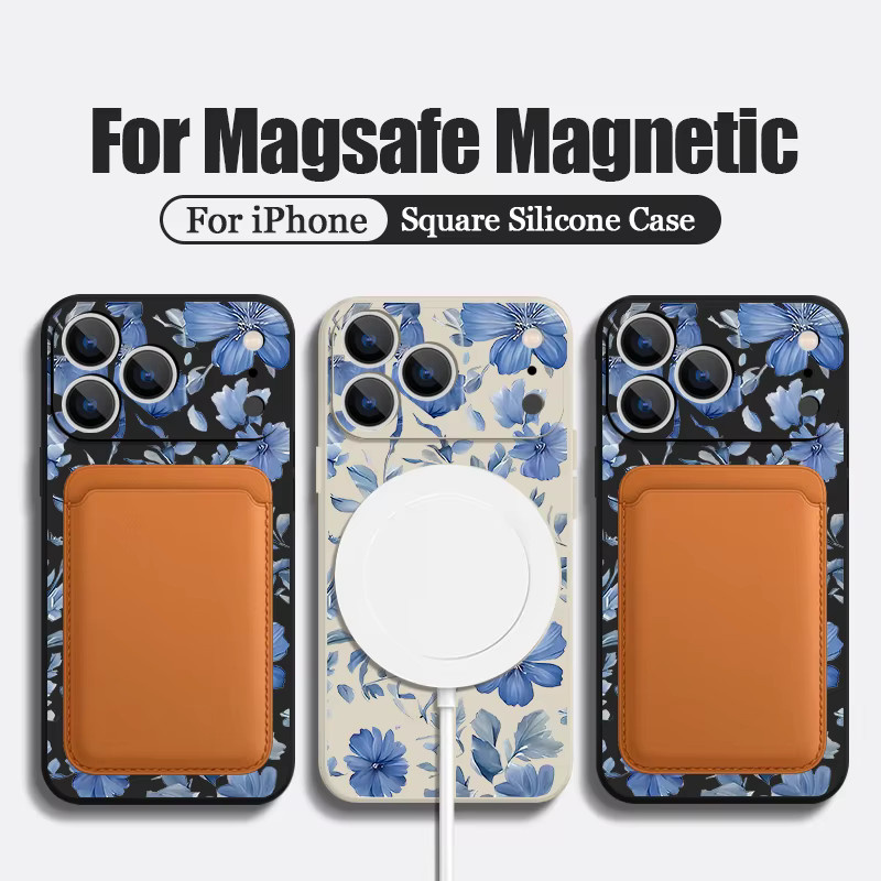 Magnetische Soft Cover Handyhülle mit blauem Blumenmuster für Apple iPhone 17 16 15 14 13 12 Pro Max 11 und 16E kompatibel mit MagSafe Wireless Charging in Blau, Beige und Weiß - Bild 2