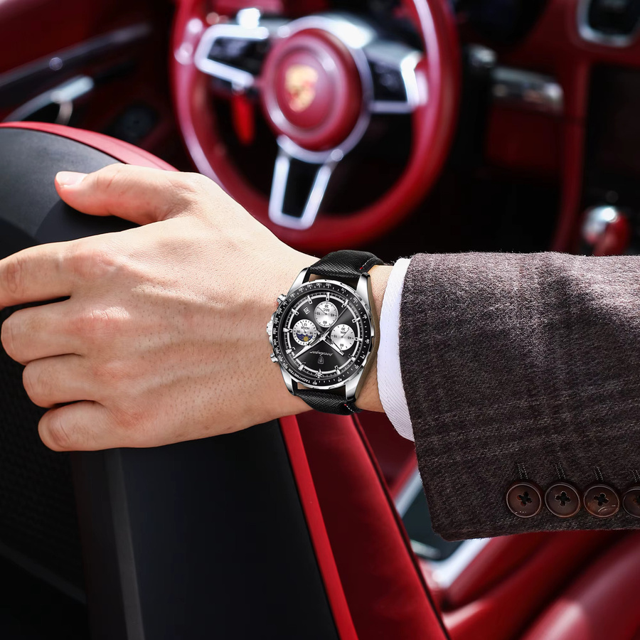 POEDAGAR Armbanduhr Chronograph, Quarz, Leder, Schwarz, Herren - Bild 6