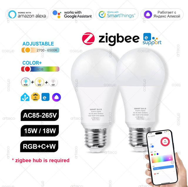 Arteco ZigBee E27 LED-Glühbirne RGBCW, intelligente LED-Lampe in Multicolor und Weiß, kompatibel mit Alexa und SmartThings - Bild 1