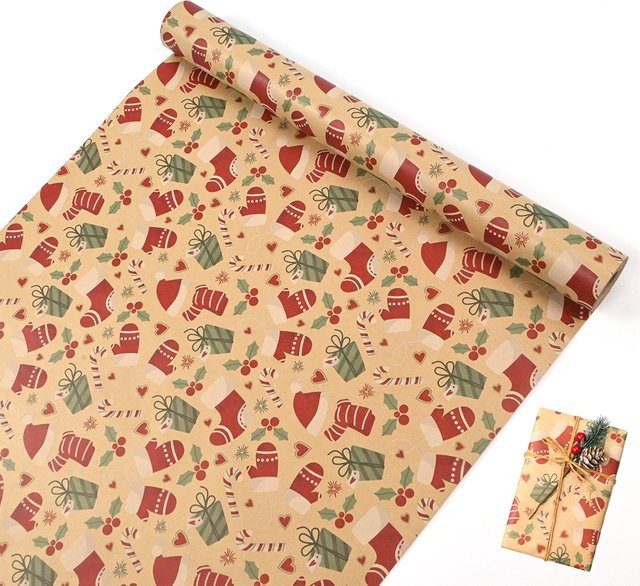 Weihnachts-Kraftpapier Rolle mit Hut und Handschuh Motiv, Mehrfarbig, Breite: 43,18 cm, Länge: 1498,6 cm - Bild 1