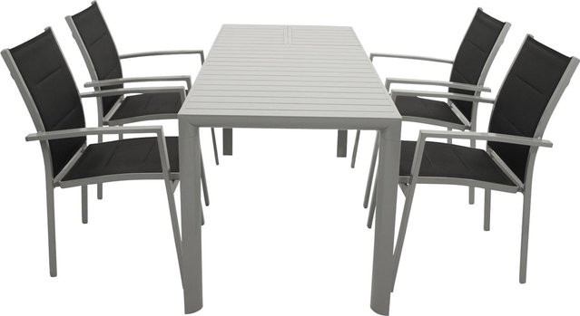 DEGAMO Gartenmöbel Garnitur BAGO 5-teilig aus Aluminium in Silbergrau mit schwarzem Kunstgewebe, ausziehbarer rechteckiger Tisch und Stühle - Bild 1