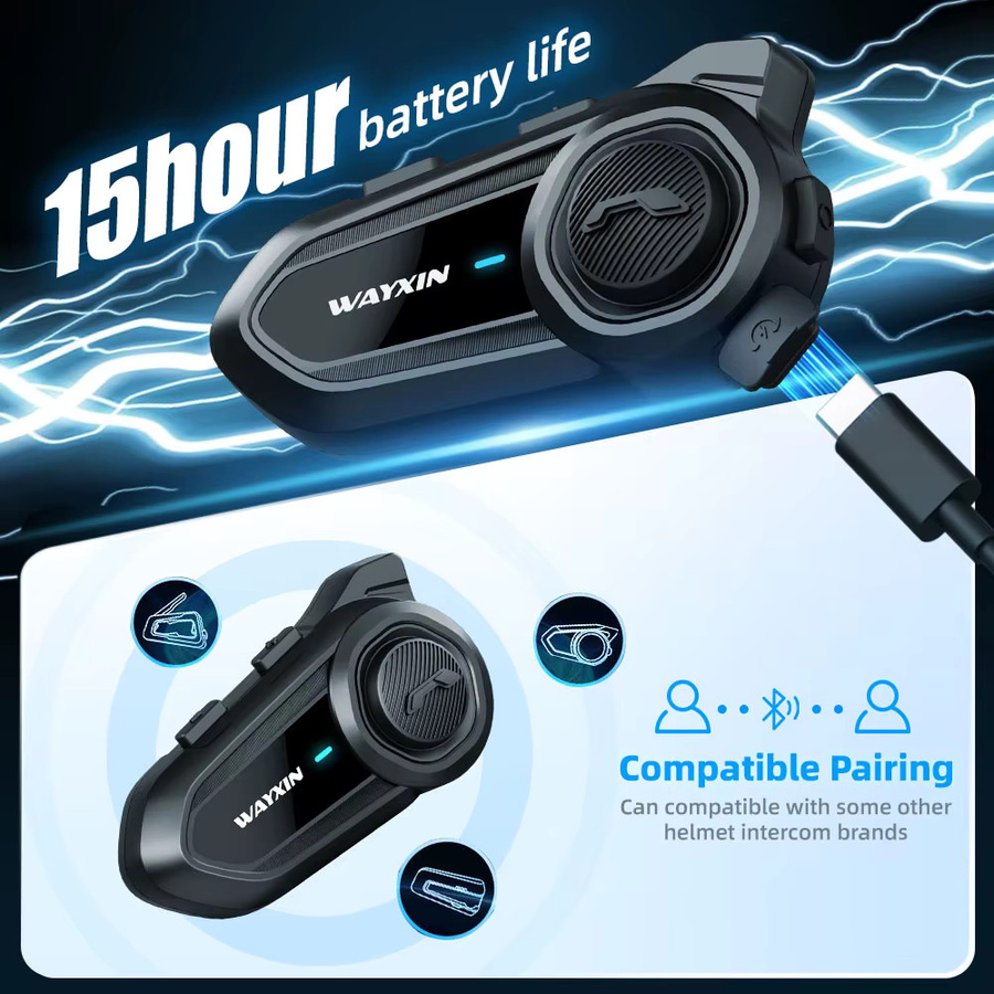 WAYXIN R18 Motorrad-Intercom Bluetooth-Helm-Headset in Schwarz mit Gegensprechanlage für bis zu 10 Fahrer und FM-Radio - Bild 5
