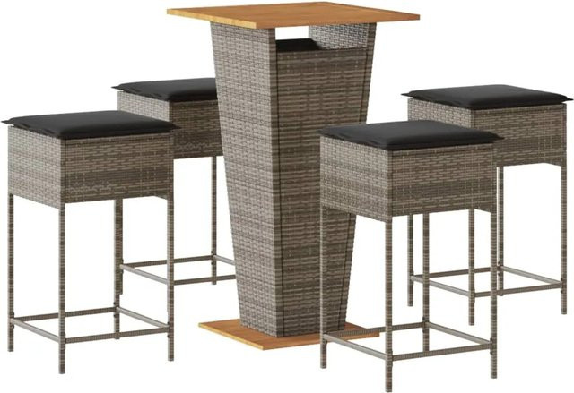 vidaXL 5-tlg Gartenbar-Set Modell 9 aus grauem Poly Rattan mit Kissen und Akazienholz - Bild 1
