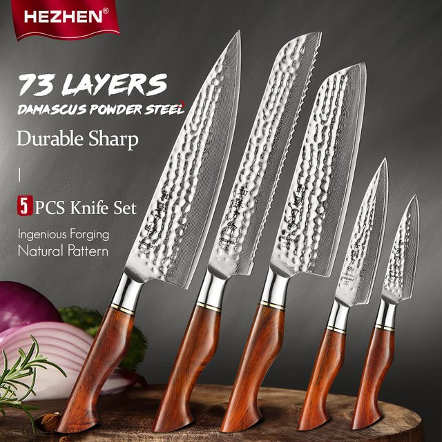 HEZHEN Damast Küchenmesser Set aus Puderstahl in Silber mit Holzgriff - Bild 1
