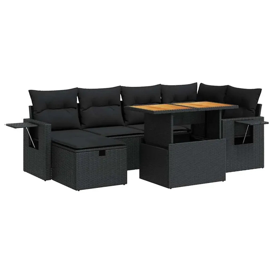 vidaXL 8-teilige Garten-Sofagarnitur in L-Form aus Poly-Rattan und Akazienholz mit Kissen, Schwarz - Bild 2