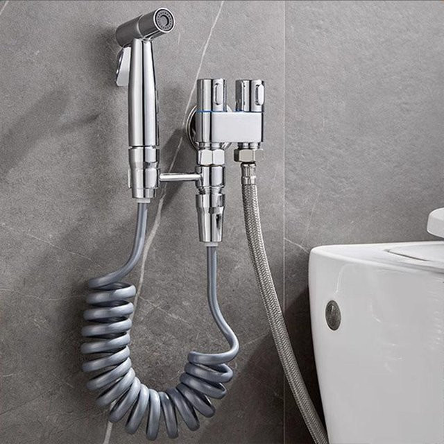 Binchi Outdoor Product Edelstahl Bidet Sprühset in Silber mit Doppelsteuer-Winkelventil, Hochdruck Toiletten-Sprühpistole und 2m Federschlauch - Bild 1