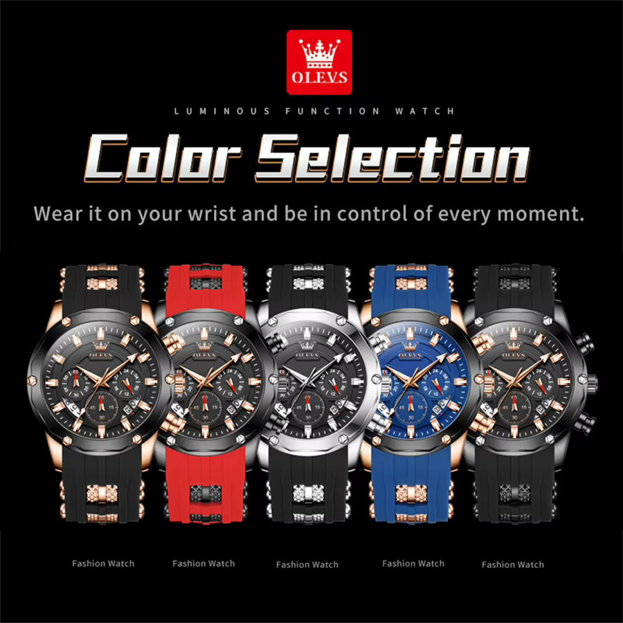 OLEVS Armbanduhr Chronograph, Quarz, Silikonarmband, Herren, Schwarz - Bild 5
