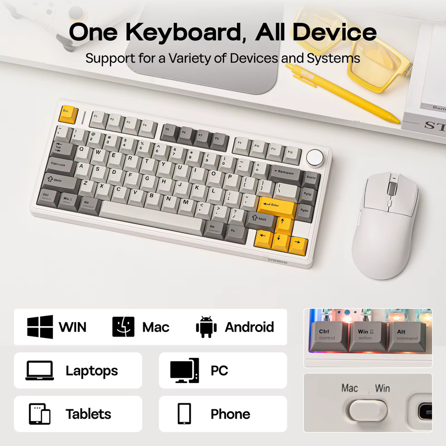 EPOMAKER TH80 V2 Mechanische Gaming-Tastatur 75% ANSI US Layout Tri-Mode Kabellos mit RGB-Hintergrundbeleuchtung und 8000mAh Akku in Weiß - Bild 2