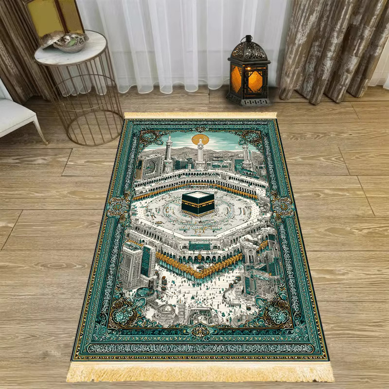 VIKAMA Gebetsteppich Heilige Stadt Panorama mit Kaaba-Muster in Blaugrün-Gold, rutschfeste islamische Gebetsmatte mit Quasten - Bild 3