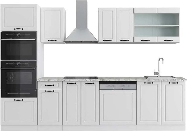 Vicco R-Line Küchenzeile Landhaus Weiß mit Hochschrank und Arbeitsplatte in Marmor-Optik, Breite: 300 cm - Bild 1