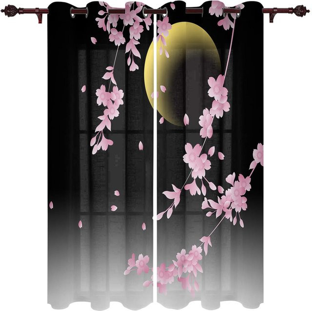 Super Six Sakura Fenstervorhänge im japanischen Stil mit floralem Design, Schwarz, B: 135 cm, H: 160 cm, 2er-Set - Bild 1