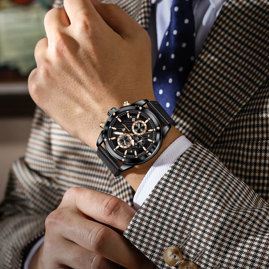 POEDAGAR Chronograph, Leder, Quarz, Schwarz, Herren - Bild 2