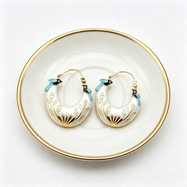 YoYo Ohrringe Vintage, Gold, Vogelmuster, Damen - Bild 1