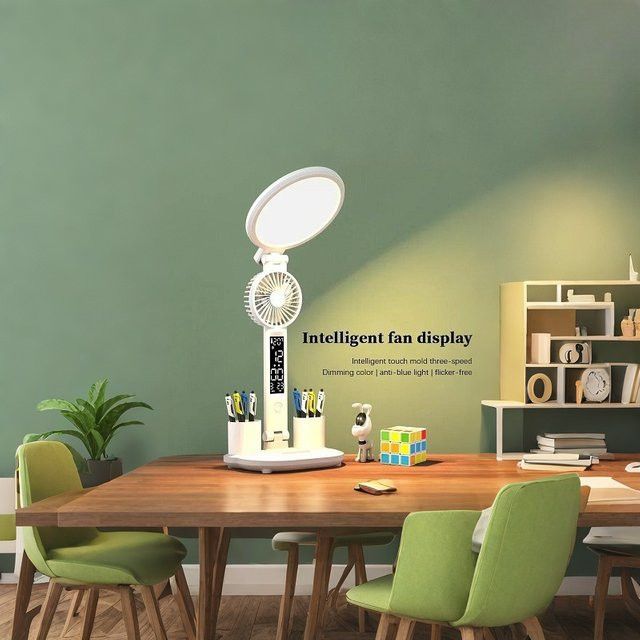 Lyfs LED-Tischlampe mit integrierter Uhr und USB-aufladbarem Ventilator, dimmbares Nachtlicht und faltbarem Design für Schreibtisch und Nachttisch - Bild 1