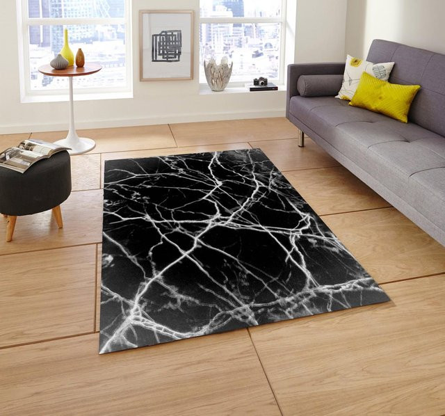 Luxusteppich Lodestar in Schwarz-Silber gestreift, waschbar und rutschfest, B/B: 80 x 120 cm - Bild 1
