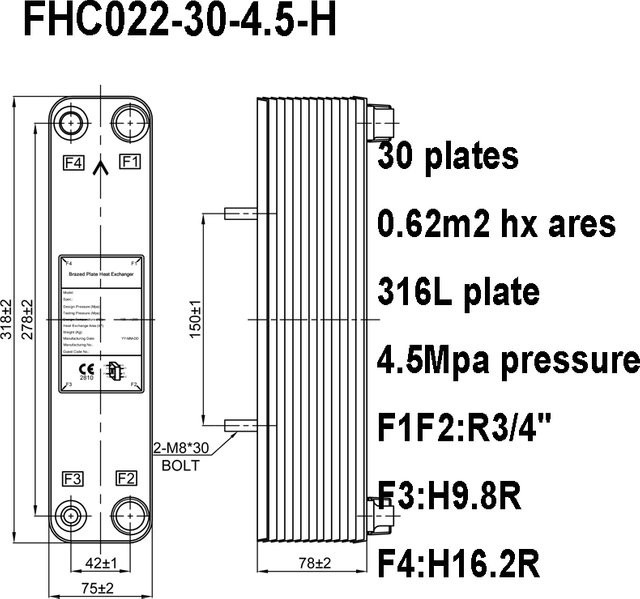 Gelöteter Plattenwärmetauscher aus 316L Edelstahl mit 30 Platten, Farbe Silber, Fläche: 0,62 m2, Druck: 4,5 MPa - Bild 1
