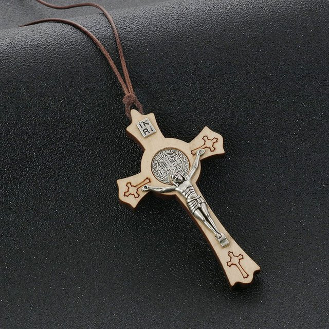 diyalo Anhänger Halskette, Saint Benedict Kruzifix, Holz, Silber, Unisex - Bild 1