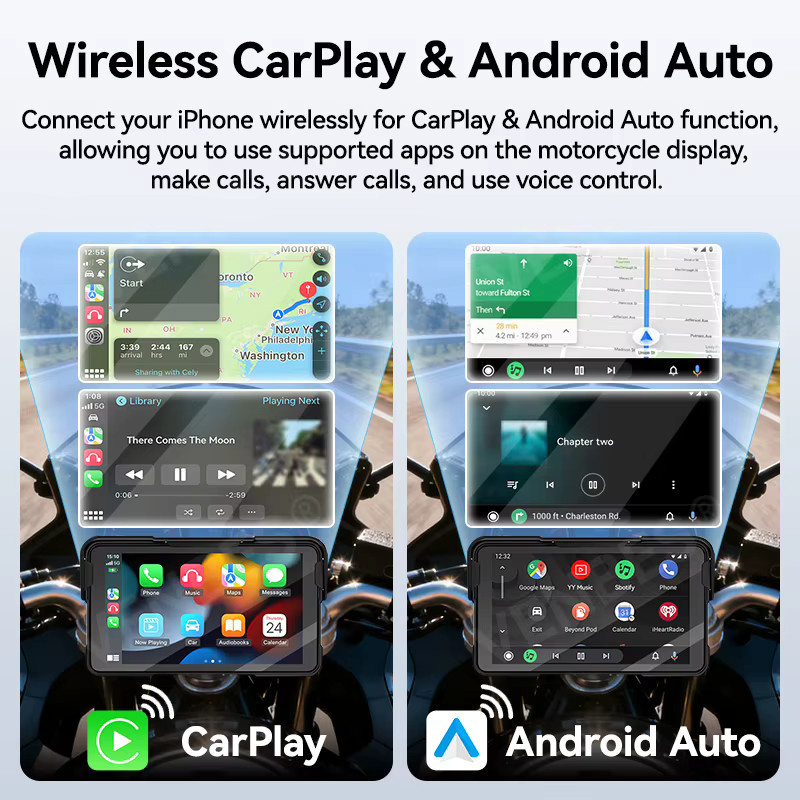 VENBES Motorrad CarPlay mit 5 Zoll GPS-Navigation, kabellos, Android und Bluetooth, wasserdicht, Schwarz - Bild 4