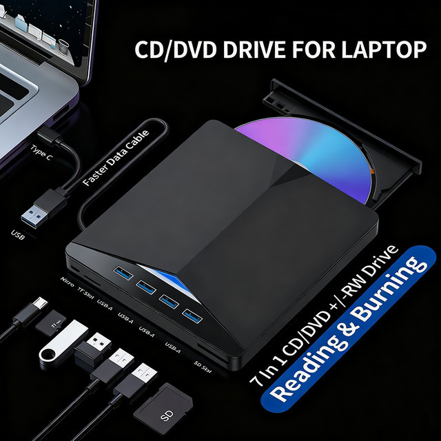 Ammtoo 7-in-1 USB 3.0 Externes CD-DVD-RW Laufwerk, Tragbarer DVD-Brenner in Schwarz, Kompatibel mit Windows 7/8/10 für Laptop und Desktop - Bild 1