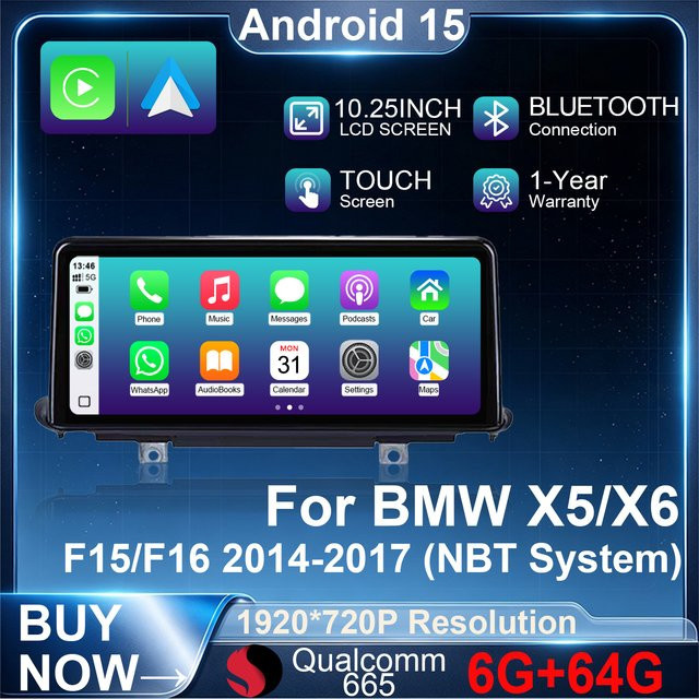 DMD Android 15 Multimedia Radio für BMW X5 F15 und X6 F16 (2014-2017) mit 10,25 Zoll Touchscreen, Wireless CarPlay, Android Auto, Bluetooth und GPS, Qualcomm 665, Schwarz - Bild 1