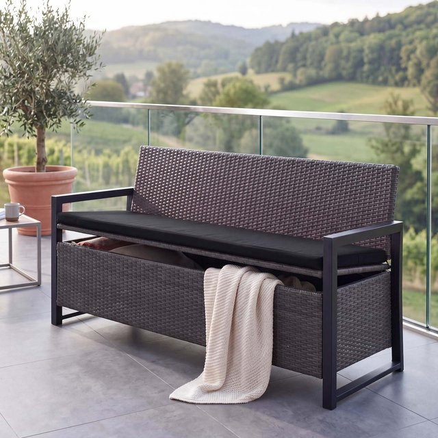 Poly-Rattan 3er Sitzbank MCW-F39 als Gartenbank und Truhenbank mit Staufach in Grau mit schwarzen Sitzkissen - Bild 1