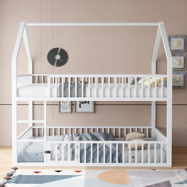 KOMHTOM Etagenbett aus Metall in Weiß mit Treppe und Loft-Design für Kinder, Doppelbett mit unterem Bett und Tür, Breite: 90 cm, Tiefe: 200 cm - Bild 1