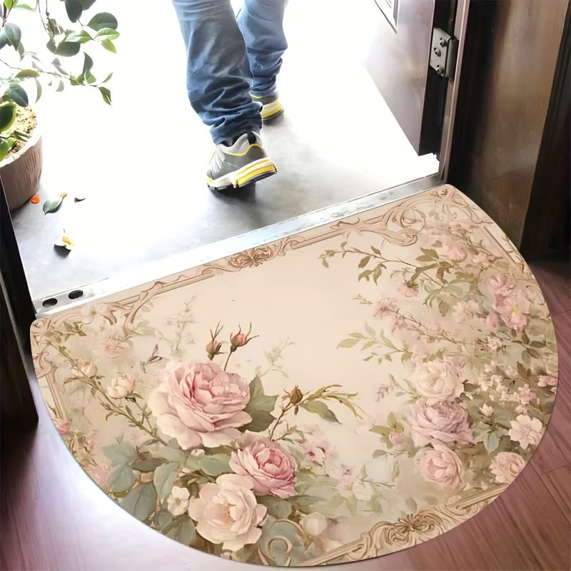 VIKAMA Flanell-Bodenmatte mit floralem Design, halbrund, Farbe: Hellrosa und Beige, B/T: 60,0 x 40,0 cm - Bild 2