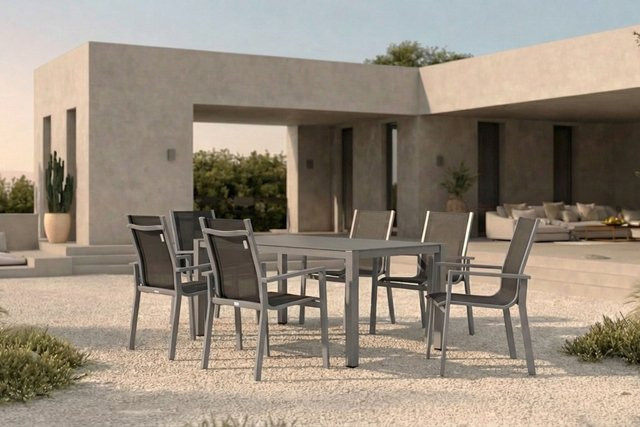 OUTFLEXX Garten-Essgruppe mit Tisch und 6 Stapelsesseln in Silber/Anthrazit, B/T: 160 x 95 cm, aus Alu, Spraystone und Textil - Bild 1