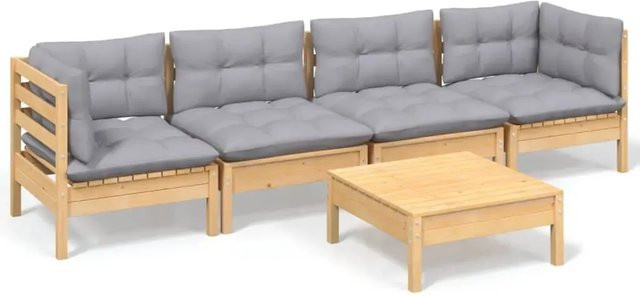 vidaXL 5-tlg. Garten-Lounge-Set aus massivem Kiefernholz in Braun-Grau mit grauen Polstern - Bild 1