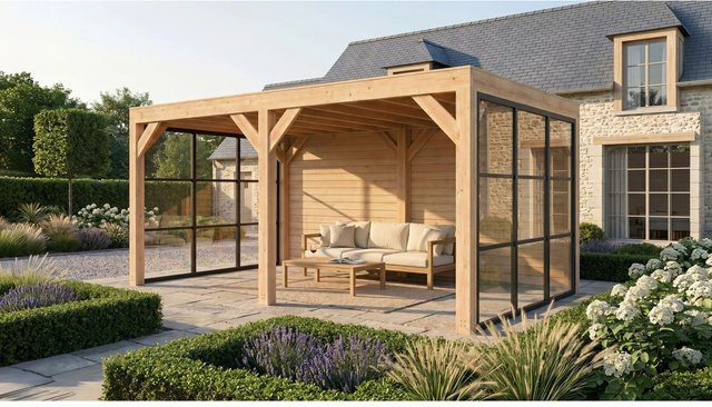 Weka Gartenlaube Lumley aus Holz und Glas in Braun, B/T/H: 499 x 307 x 245 cm - Bild 1