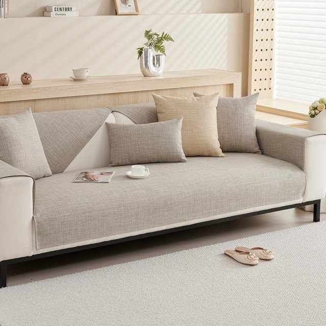 Rutschfester Sofabezug aus Baumwolle und Leinen in Beige, quadratisches Sofakissen für dein Wohnzimmer, Breite: 60 cm, Höhe: 60 cm - Bild 1