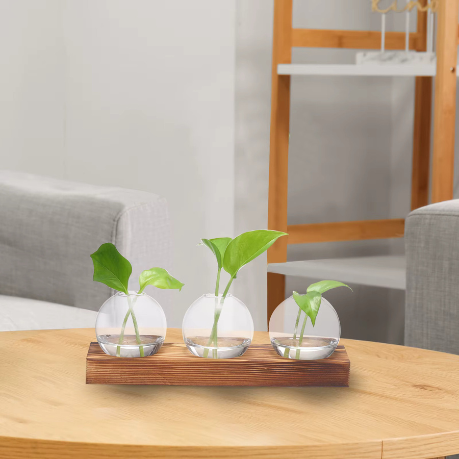 UXCELL Glasvasen mit Holztablett, Set aus 3 transparenten Blumenvasen für die Pflanzenvermehrung und Tischdekoration - Bild 3