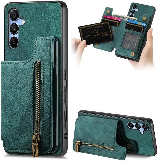 Retro Leder Handyhülle mit Reißverschluss und Kartenfach für Samsung Galaxy A55 5G in Grün - Bild 1