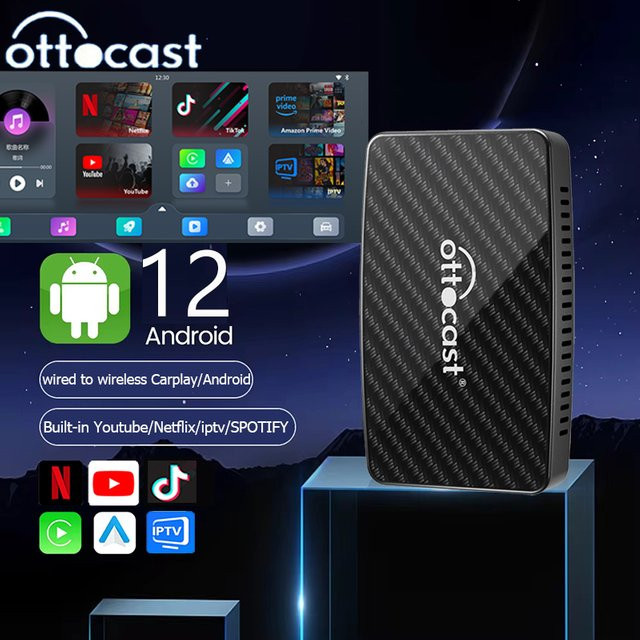 OTTOCAST Wireless CarPlay Android Auto Adapter Ai Box mit Youtube Netflix Tiktok und IPTV in Schwarz für Autos mit kabelgebundenem CarPlay - Bild 1